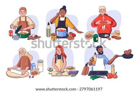 Chef characters prepare meals, chop vegetables, mix dough, fry food, and taste soup with kitchen tools and ingredients. Concept of home cuisine, teamwork, learning, and lifestyle. Cartoon vector illustration.