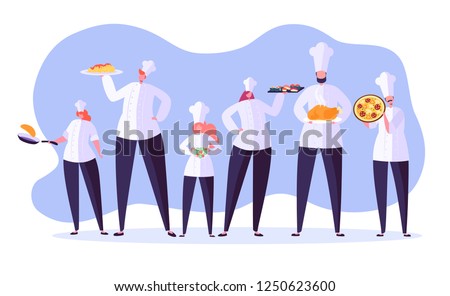 Chef characters set. Cartoon chief cooking in restaurant. Cook with tray and different meals. Food industry. Vector illustration
