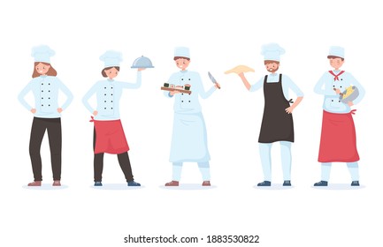 chef characters set, cartoon restaurant staff with tray and different meals vector illustration