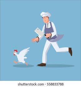 Chef chasing chicken flat illustration