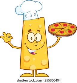 Chef Cheese Cartoon Character Holding A Pizza. Vector Illustration Isolated On White