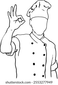 Chef com chapéu de chef. Imagem de uma pessoa, desenhando sem rosto. Para impressão em janelas de loja, cartazes, menus e sinais. Para restaurantes, pizzarias, cafés, padarias. Imagem de vetor de linha.Desenho à mão livre