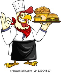 Chef Chicken Rooster Cartoon Character Present Best Fast Food. Vector Hand Drawn Illustration Isolated On Transparent Background