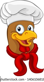A chef chicken rooster cockerel cartoon character mascot wearing a white chefs hat
