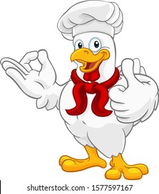 A chef chicken rooster cockerel cartoon character mascot doing a chefs okay perfect hand sign and thumbs up