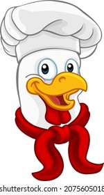 A chef chicken rooster cockerel cartoon character mascot wearing a white chefs hat
