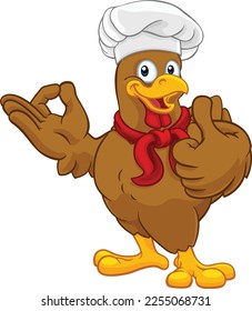 A chef chicken rooster cockerel cartoon character mascot doing a chefs okay perfect hand sign and thumbs up