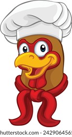 A chef chicken rooster cockerel cartoon character mascot wearing a white chefs hat