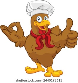 A chef chicken rooster cockerel cartoon character mascot doing a chefs okay perfect hand sign and thumbs up