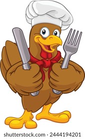 A chef chicken rooster cockerel cartoon character mascot holding knife and fork cutlery