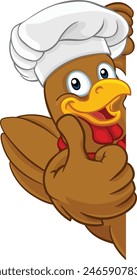 A chef chicken rooster cockerel cartoon character mascot peeking around a sign and giving a thumbs up