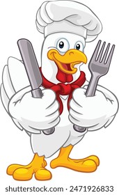A chef chicken rooster cockerel cartoon character mascot holding knife and fork cutlery