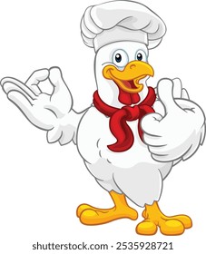 A chef chicken rooster cockerel cartoon character mascot doing a chefs okay perfect hand sign and thumbs up