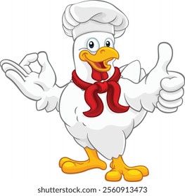 A chef chicken rooster cockerel cartoon character mascot doing a chefs okay perfect hand sign and thumbs up