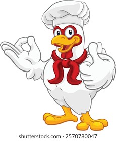 A chef chicken rooster cockerel cartoon character mascot doing a chefs okay perfect hand sign and thumbs up