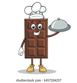 Chef Chocolate Cartoon Mascot Character Holding a Silver Dome or Cloche. 