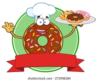 Chef Chocolate Donut Cartoon Character With Sprinkles Serving Donuts Circle Label. Vector Illustration Isolated On White