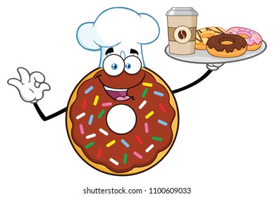 Chef Chocolate Donut Cartoon Mascot Character Serving Coffee And Donuts. Vector Illustration Isolated On White Background