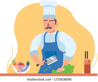 chef chopping a green vegetables