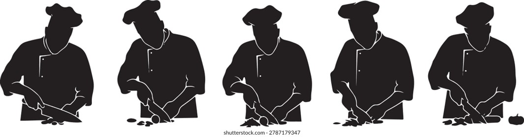 Chef chopping vegetables, food prep, culinary art, cooking action.
