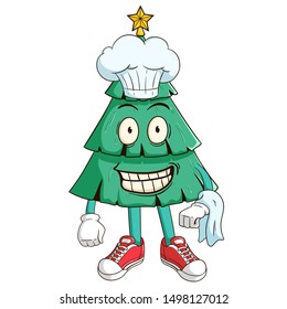 Chef of christmas tree cartoon character bring a napkin with funny smile face