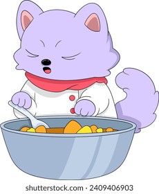 The chef civet is tasting the food before serving it to the customer, cartoon flat illustration