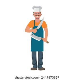 Chef con cuchillos en las manos. Icono de vendedor de carne o carnicero. Personaje de dibujos animados divertido, Ilustración vectorial aislada en un fondo blanco