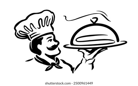 Chef with cloche, tray of food in hand emblem. Restaurant or cafe logo vector illustration