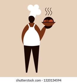 Chef close-up on a beige background. Cook standing front side full-length. Adult male in uniform holds a dish with delicious food. Outline silhouette of a cook in an apron. For restaurant, bar, menu