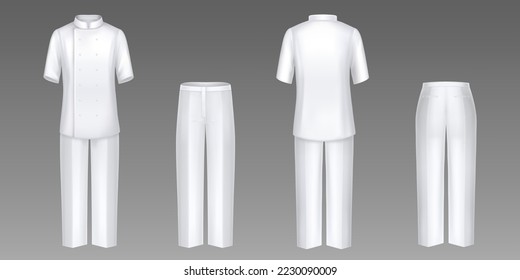 Küchenbekleidung, weiße Jacke und Hose, Koch-Uniform, Hemd- und Hose-Vorder- und Rückblick. Einziger Restaurantangestellter, mockup, formaler Kleidung, Kleidung, Kleidung, realistische 3D-Vektorgrafik