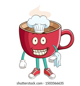 chef of coffee cup cartoon character bring a napkin with funny smile face