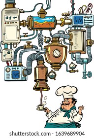 Chef And Coffee. Machine Conveyor Complex Apparatus Funny Production. Comic Caricature Por Art Retro Vector Illustration