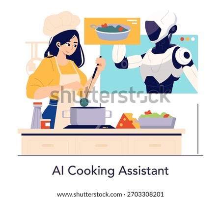 Chef collaborates with AI robot providing cooking instructions in a kitchen setting, illustrating advanced technology in culinary arts. The scene showcases harmony between human creativity and AI