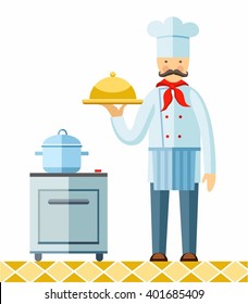 Chef, color image. Chef holding a cooked dish. Vector picture. Color flat illustration on white background.  