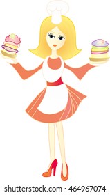 Chef with colorful cakes on the high red heels