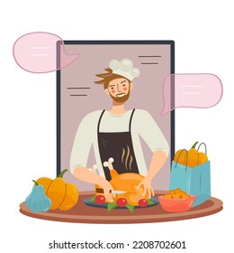 The chef comes out of the tablet. Vector cartoon flat isolated. A young blogger prepares a turkey or chicken for Thanksgiving. Festive table with pumpkins. Cooking template with speech bubble
