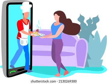 Chef coming out of phone delivering food to woman at home depicting safe home delivery of food during coronavirus outbreak vector illustration 