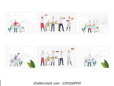 Chef competition set. Restaurant cooks presenting different dishes. Flat vector illustrations. Business, food concept for banner, website design or landing web page