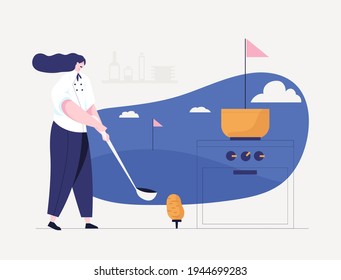Das Konzept des Küchenchefs vergleicht das Kochen mit dem Golfspielen in einem Loch. Benutzen Sie eine Leiter als Golfclub Verwenden Sie einen Topf als Loch. Vektorgrafik-Flachdesign