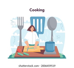 Chef concept. Culinary specialist in apron making tasty dish. Professional worker on the kitchen. Food maker. Isolated vector illustration in cartoon style