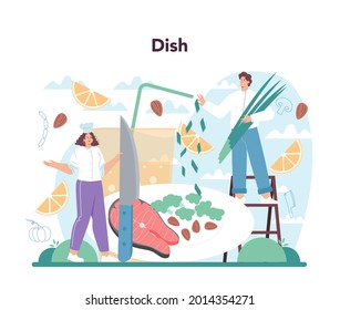 Chef concept. Culinary specialist in apron making tasty dish. Professional worker on the kitchen. Food maker. Isolated vector illustration in cartoon style