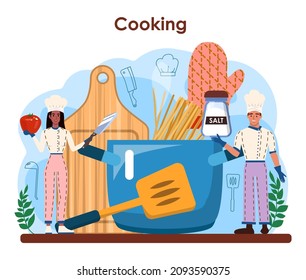 Chef concept. Culinary specialist making and serving a tasty dish according cooking technology. Professional worker in apron on the kitchen. Flat vector illustration
