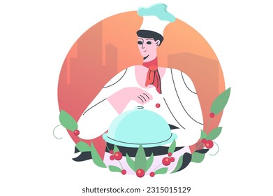 Concepto de chef con escena popular en el estilo de dibujos animados planos. El chef presenta un plato nuevo. Ilustración vectorial.