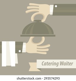 Chef concept, waiter hand opening tray of food, vector illustration