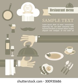 Chef concept, waiter hand opening tray of food, vector illustration