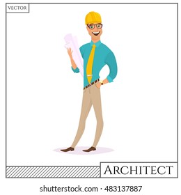 Chef construction engineer man and architect worker with ceo building blueprint and a helmet.Isolated on white background.Flat cartoon style. Modern,young, smiling and successful architect.Businessman