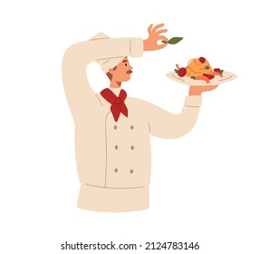 Chef cook adding condiment to Italian dish, decorating restaurant food with greens. Man cooking refined gourmet meal. Culinary art, fine dining. Flat vector illustration isolated on white background