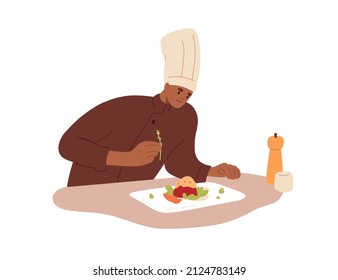 Chef cook adding condiment to restaurant dish. Professional cooking, preparing meal, decorating food with seasoning. Haute cuisine, culinary art. Flat vector illustration isolated on white background