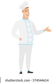 Chef cook with arm out in a welcoming gesture. Full length of welcoming young caucasian chef cook. Chef cook doing a welcome gesture. Vector flat design illustration isolated on white background.