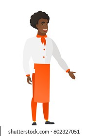 Chef cook with arm out in a welcoming gesture. Full length of welcoming young african-american chef cook. Chef cook doing welcome gesture. Vector flat design illustration isolated on white background.